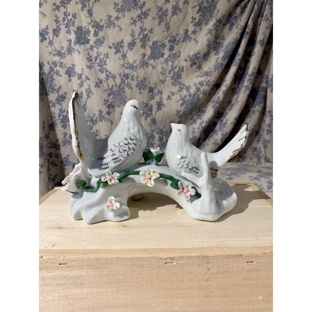 Vintage Porcelain White and Gold Love Doves on Floral Branch